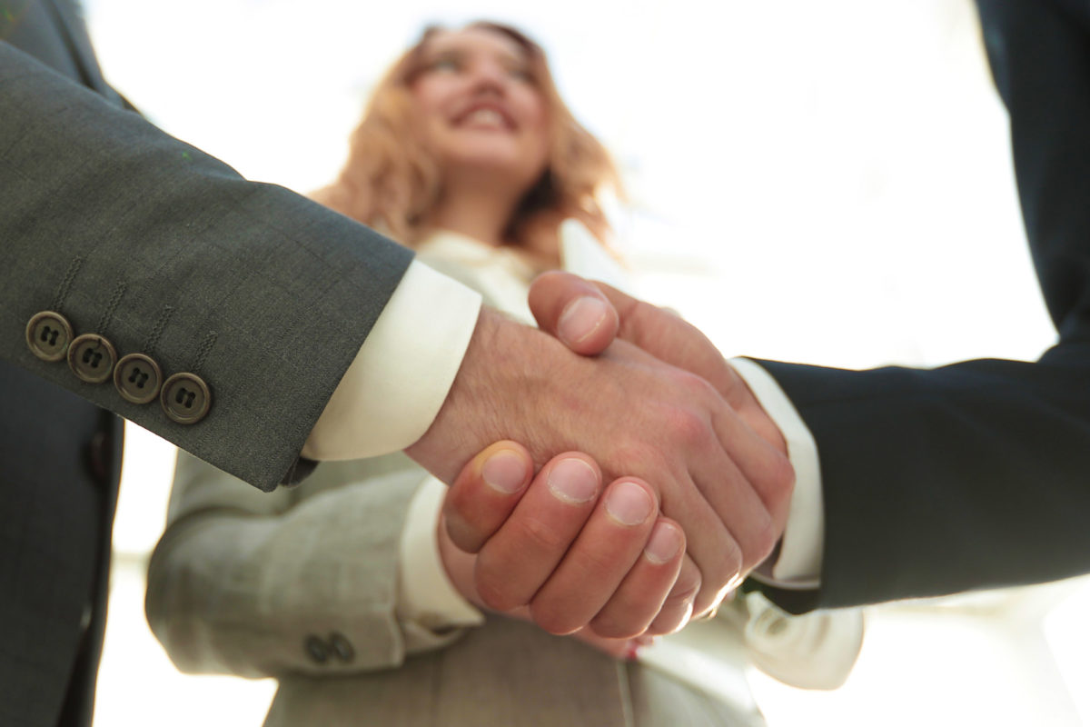 Two business professionals shaking hands