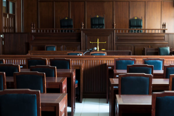 courtroom preparing for litigation suit